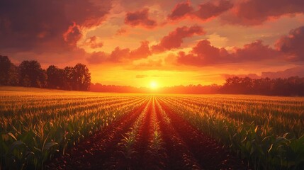 A dramatic sunrise over a field of young corn plants, emphasizing the promise of a fruitful harvest.