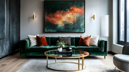 Luxury Living Room with Emerald Velvet Sofa and Abstract Art