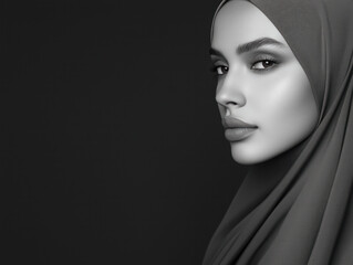 Fototapeta premium An Elegant Woman in a Grey Hijab: A Beautiful Fusion of Tradition and Modernity That Celebrates Cultural Identity and Personal Style