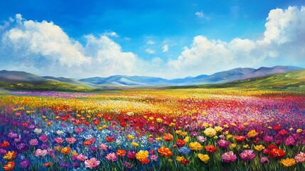 A vibrant field filled with colorful flowers in full bloom, pic