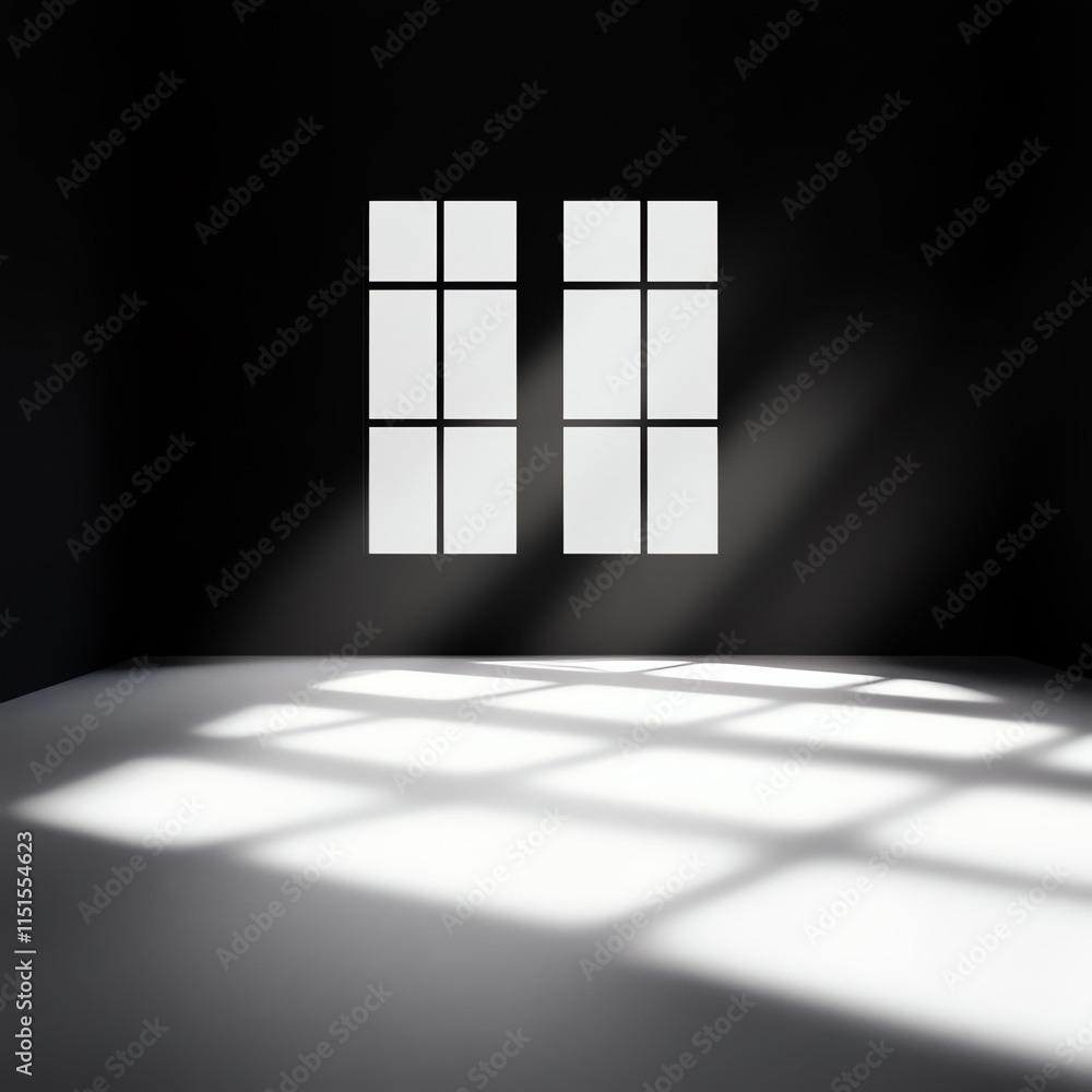Poster minimalist interior with light streaming through windows, creating a serene atmosphere.