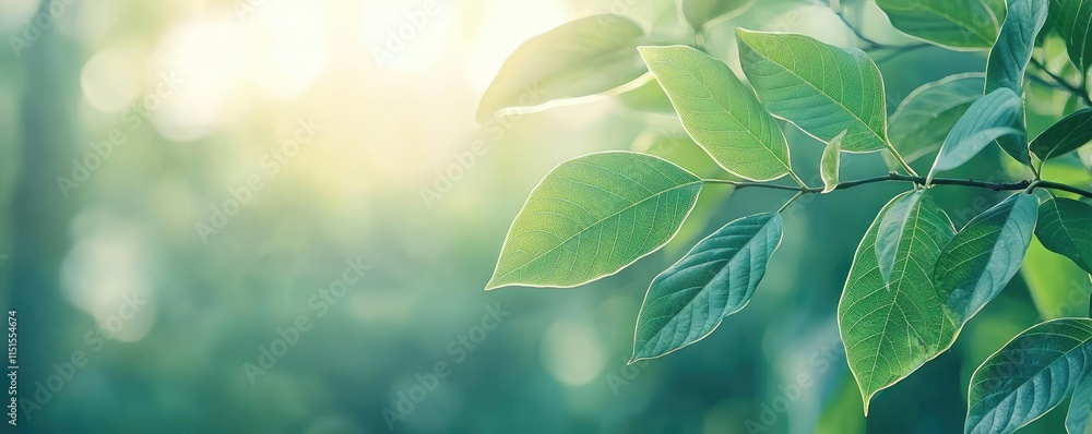 Poster blurred bokeh idea. close-up view of vibrant green leaves illuminated by soft sunlight in serene nat
