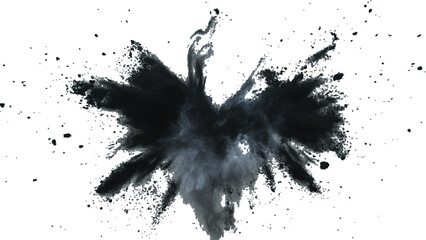 Abstract explosion of black powder and debris creating a dramatic cloud against a white background. Explosive black powder burst effect isolated on white background. Black chalk explosion. Black powde