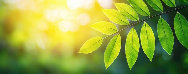 Naklejka premium Blurred bokeh idea. A close-up view of vibrant green leaves illuminated by warm sunlight.