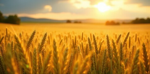 Fototapeta premium Golden wheat field in full bloom under warm sunlight, wheat field, fields, countryside