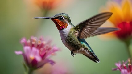 Fototapeta premium Hummingbird in Flight Amongst Vibrant Blossoms