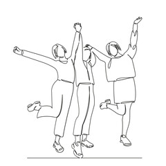 One continuous single drawing line art flat doodle girls, girlfriends, great friendship, three girlfriends, fun, leisure. Isolated image hand draw contour on a white background, hand drawn