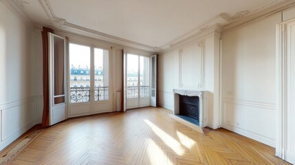 Obraz premium Elegant Parisian Apartment: Sunlit Living Room with Herringbone Floors and Classic Details