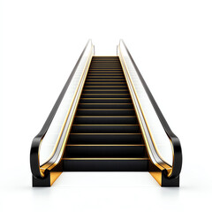 Modern escalator with sleek design and bright lighting, isolated on a white background.