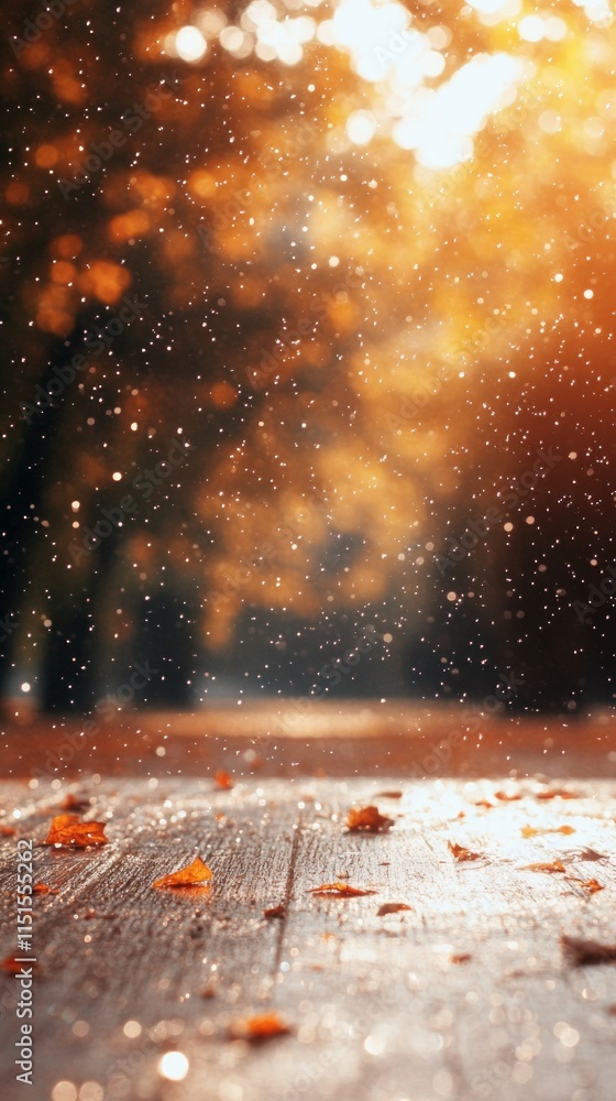 Poster sunlight filters through trees on a pathway covered in fallen leaves, creating a warm atmosphere fil