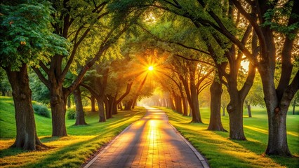 Sunlit Pathway Through a Lush Green Tree-Lined Avenue