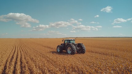 Obraz premium Tractor in a Cornfield: A Serene Rural Landscape of Modern Agriculture