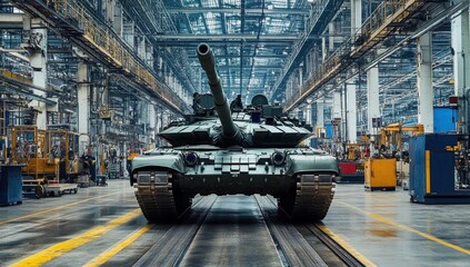 Military Tank in a Factory Setting