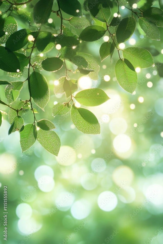Poster sunlight filters through lush green leaves, creating a serene ambiance filled with soft bokeh lights
