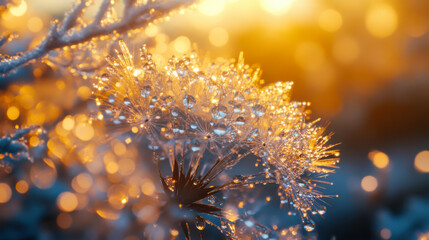 Obraz premium Morning dew glistens on delicate plant fibers illuminated by golden sunlight in a serene outdoor setting