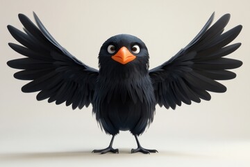 Fototapeta premium a cartoon bird with black feathers and an orange beak spreads its wings