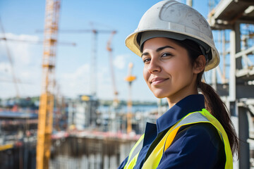 hispanic female engineer on building site wearing hard hat, high vis vest at sunset golden hour with cranes on the horizon