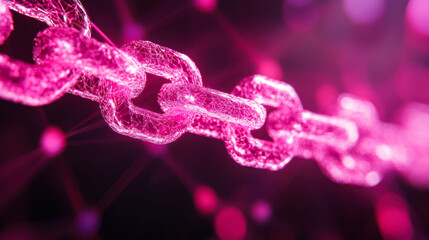 Bright pink and glowing chain links connected in a digital network under black background at night