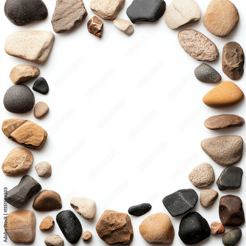 Poster pebbles arranged in a circular frame on a white background, perfect for minimalist design or nature-