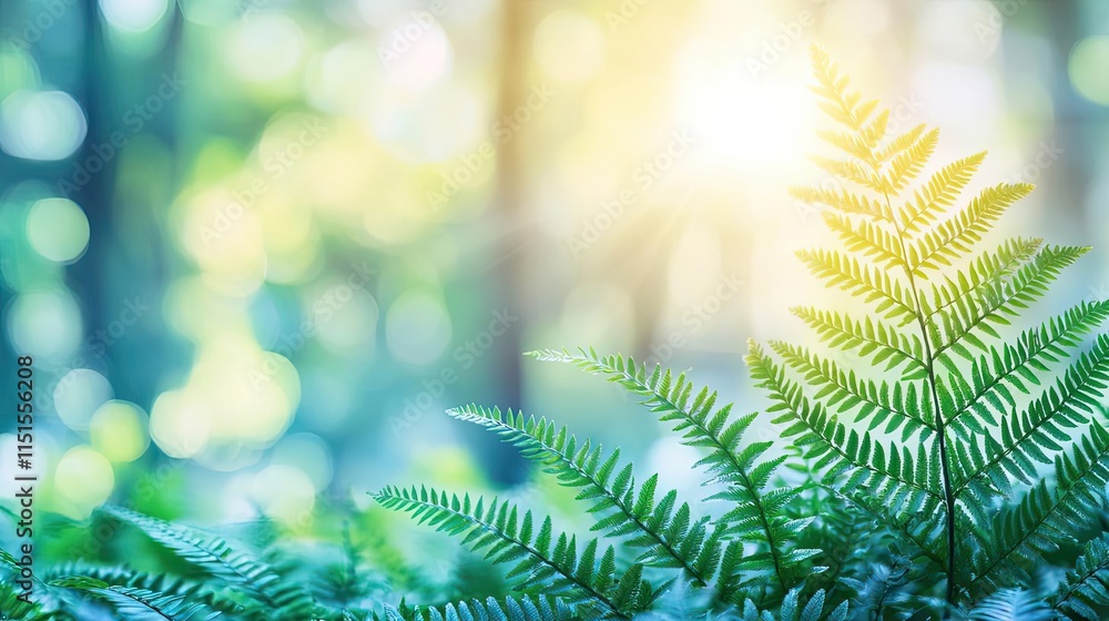 Poster blurred bokeh idea. lush fern leaves bask in gentle sunlight in a serene forest setting.
