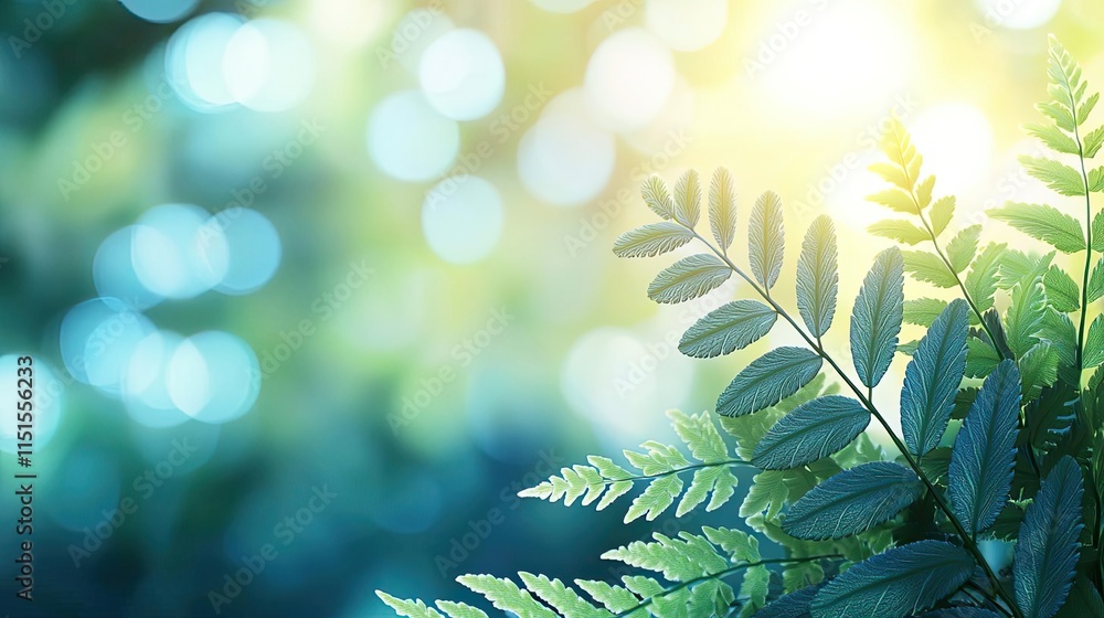 Poster blurred bokeh idea. beautiful green fern leaves illuminated by soft sunlight in a serene nature sett