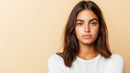 Fototapeta premium Young woman with natural beauty and serene expression with copy space