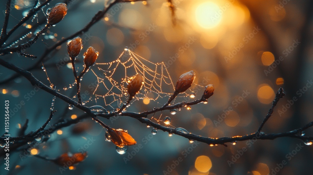 Poster soft sunlight filters through trees as dew droplets sparkle on a spiderweb, highlighting budding bra