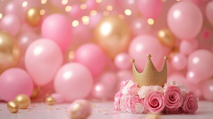 First birthday party background, pink and gold crown and pic