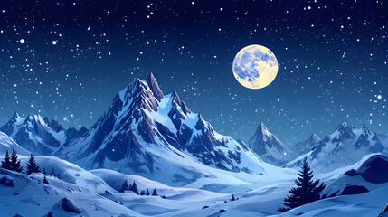 Majestic Snowy Mountains Under the Full Moon: A Serene Winter Night Scene