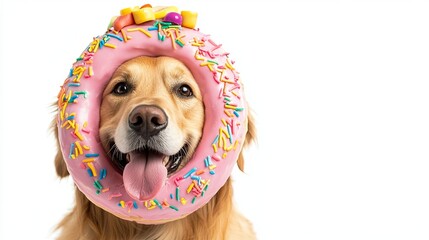 Golden retriever in a donut costume with colorful frosting, pic