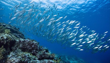 Fototapeta premium Underwater School of Silverfish Swimming in Blue Ocean and Copy Space
