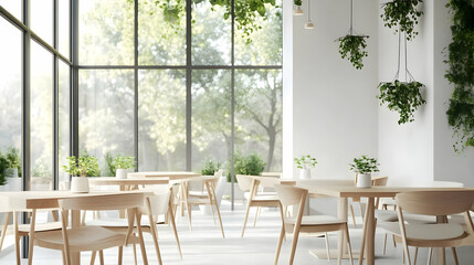 Obraz premium Modern Minimalist Restaurant Interior Design with Natural Light and Greenery