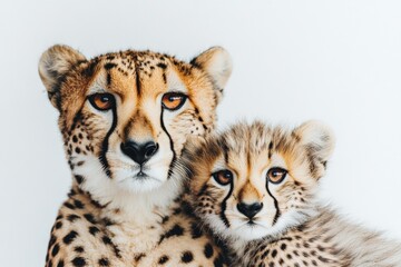 Obraz premium close up of a cheetah and cub against a white background