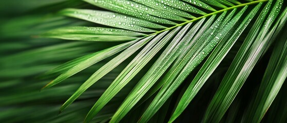 Detailed palm leaves covered in morning dew capture the essence of a vibrant tropical environment, showcasing nature's beauty and tranquility
