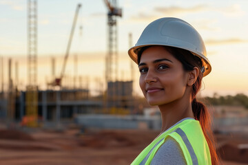 indian female engineer on building site wearing hard hat, high vis vest at sunset golden hour with cranes on the horizon