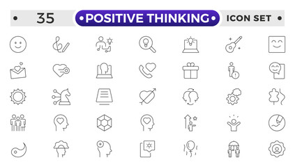 positive thinking outline icon set. Psychology and mental line icons collection. Big UI icon set in a flat design. It contains self-care, optimism, love, a healthy lifestyle and happiness.
