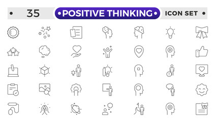 positive thinking outline icon set. Psychology and mental line icons collection. Big UI icon set in a flat design. It contains self-care, optimism, love, a healthy lifestyle and happiness.