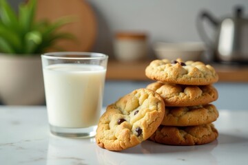 Warm milk glass on a modern kitchen counter next to a stack of fresh baked cookies , homemade cookies, kitchen decor