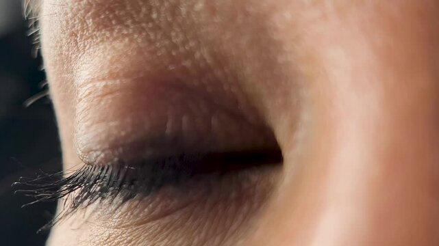 Closeup of female brown eye and eyelashes. Brown eye eyeball, iris, macro