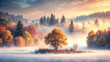 Naklejka premium Serene Autumn Sunrise Over Foggy Lake with Colorful Trees