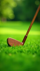 Wooden golf club balanced on lush green grass, poised for strike, fairway, ball