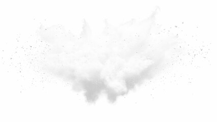 White Powder Explosion, Bright white paint color powder explosion. White powder explosion cloud against white background. White dust particle splash. 