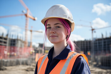 female construction worker with pink dyed hair on building site wearing hard hat, high vis vest with cranes on the horizon