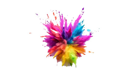 Holi colors splash powder. Explosion of colored powder, isolated on transparent background. Rainbow colored powder bursts on a white backdrop, holi festival celebrations