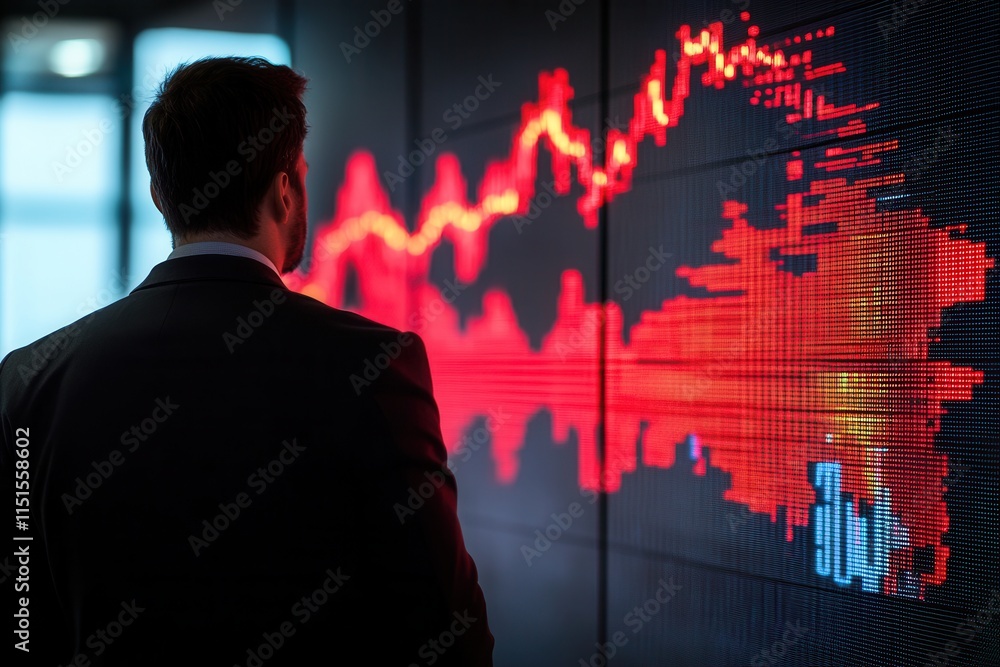 Aufkleber professional man in suit analyzing large digital screen displaying downward trend of stock index in 