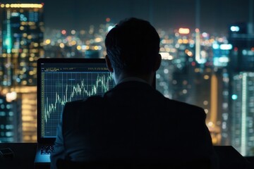 Fototapeta premium Professional Businessman Analyzing Downtrend Chart on Laptop in Modern Office with Ambient Lighting Overlooking City at Night