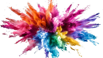 Fototapeta premium Holi colors splash powder. Explosion of colored powder, isolated on transparent background. Rainbow colored powder bursts on a white backdrop, holi festival celebrations