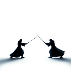 Silhouettes of two warriors in a dramatic sword fight against a white background.