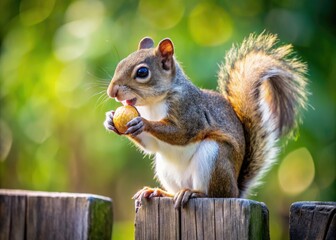 A fluffy squirrel, profile view, enjoys a peanut on a rustic wooden fence.