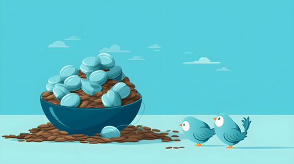 Blue Birds Near Bowl of Colorful Candies on Light Blue Background